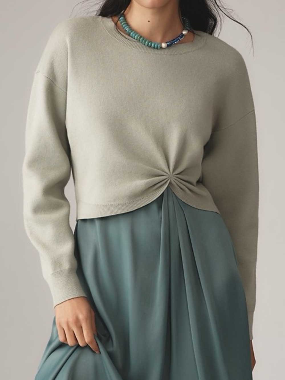 Anthropologie Gemini Twofer Sweater Sage Green Twist Front Cropped Sweater S
